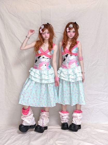YJM with biubiu - Mint Floral Ruffle Skirt skirt YJM with biubiu