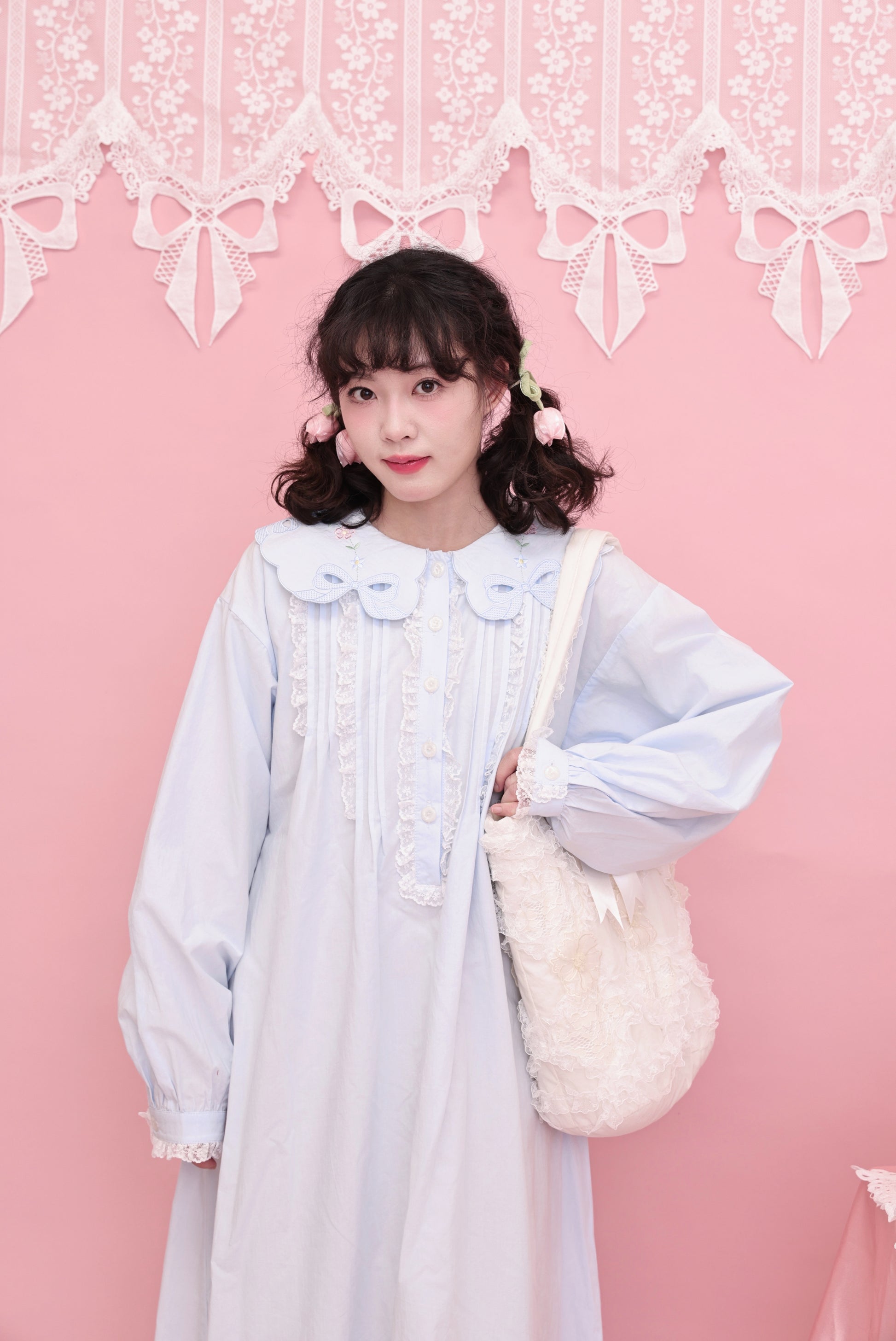 SemenCoicis - Kawaii Embroidered Dress - Blue Cotton Lace Trim dress SemenCoicis