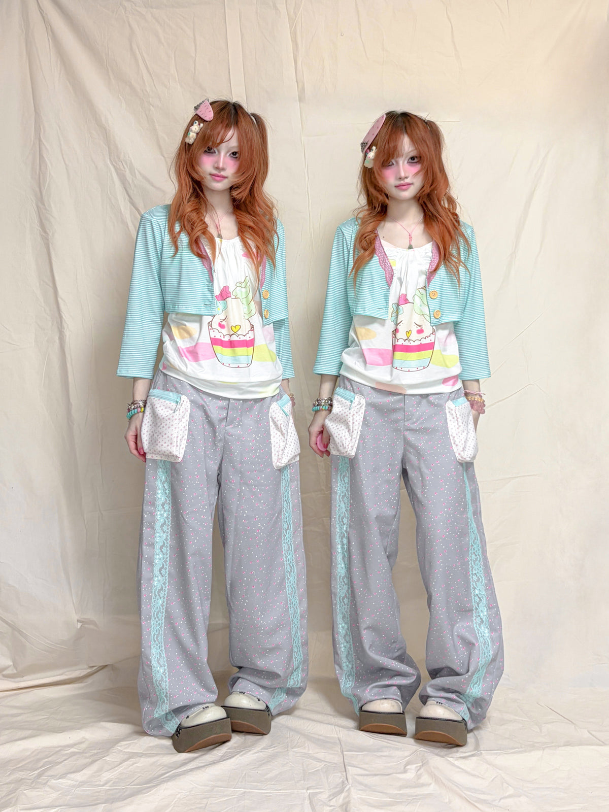 YJM with biubiu - Floral Lace Contrast Wide-Leg Pants pants YJM with biubiu