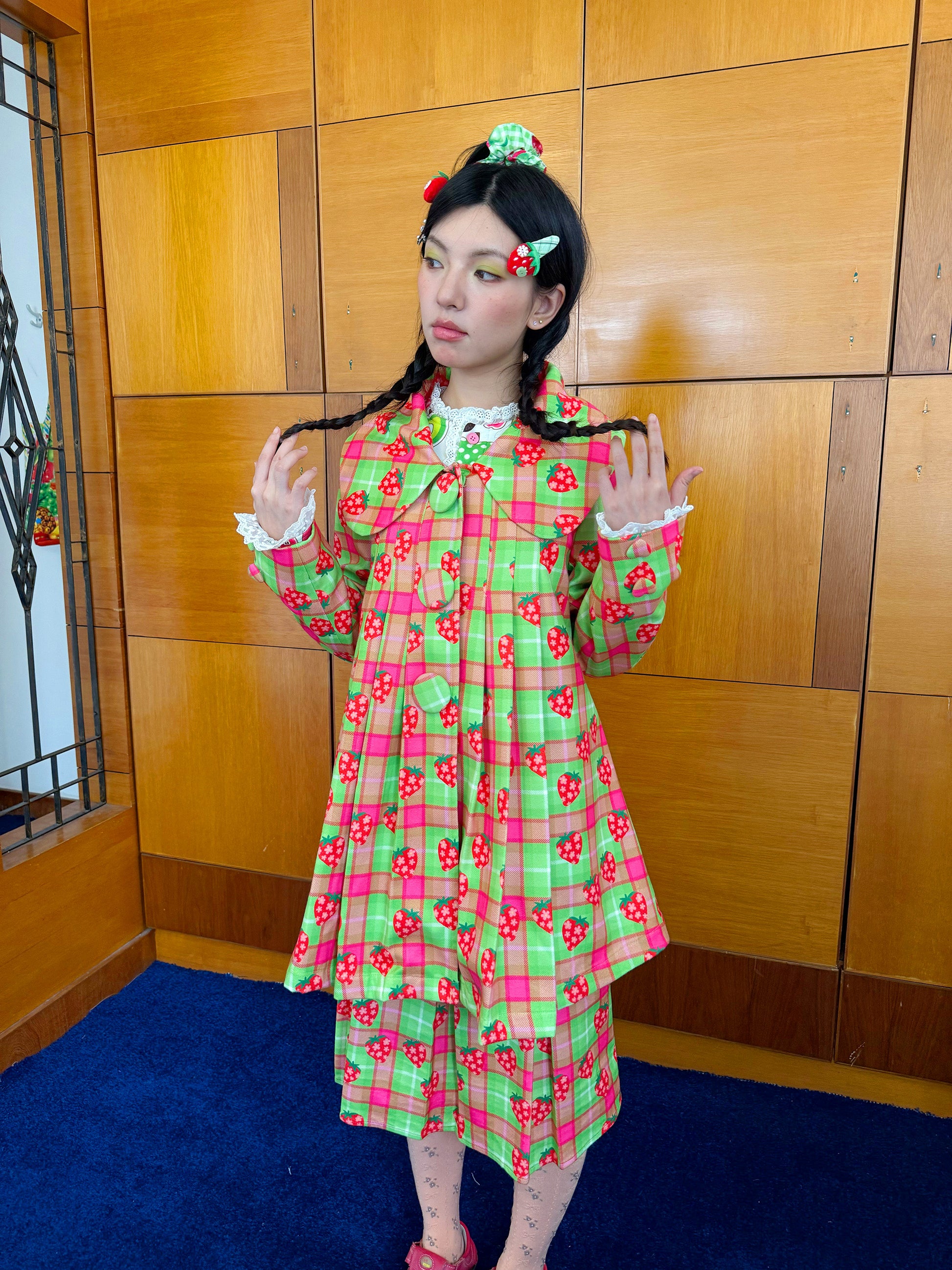 FRUITS - Kawaii Strawberry Plaid Pleated Coat jacket Fruits