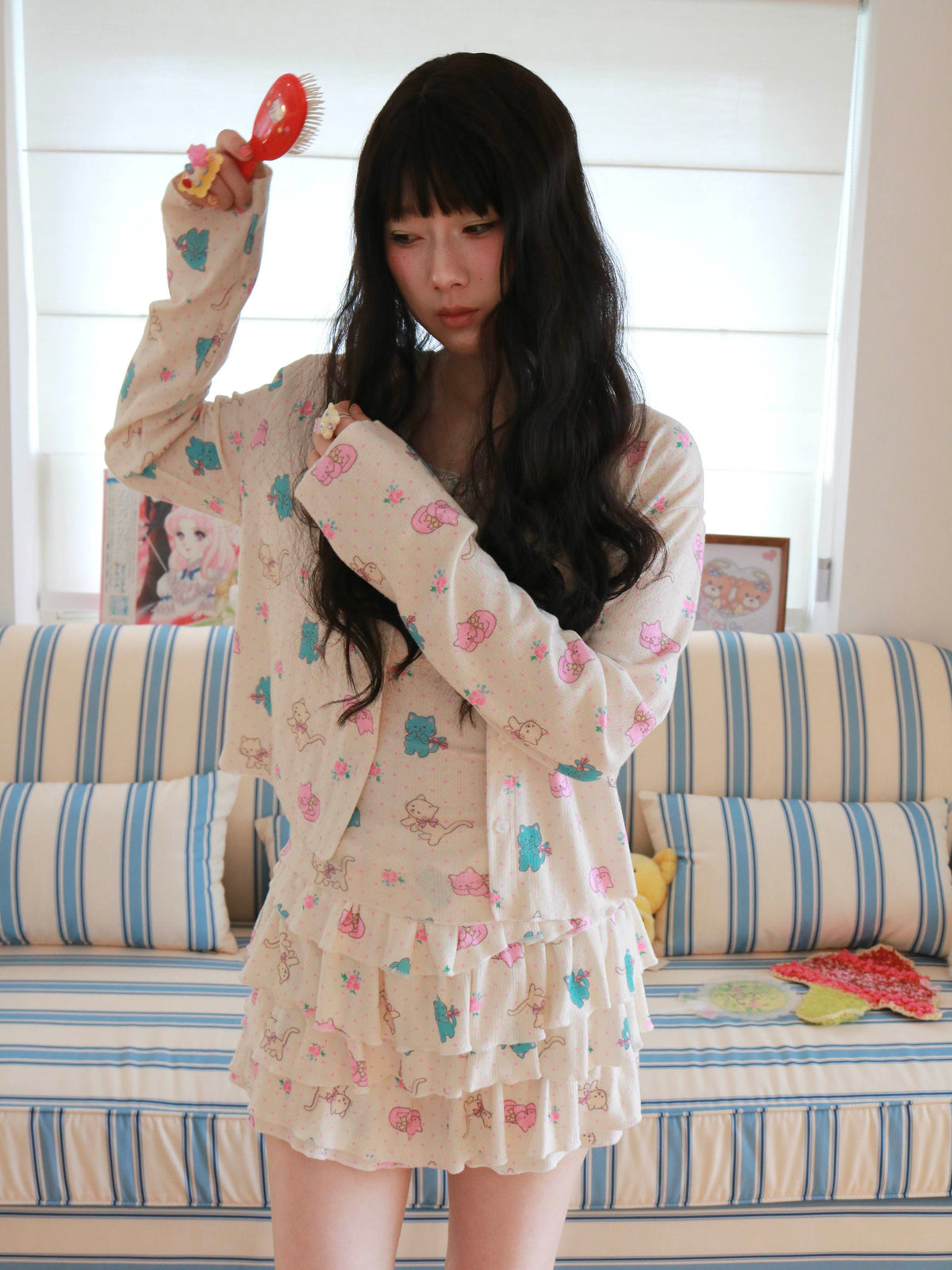 KaiXin Hostel - Cat Rose Print Cardigan Set set KaiXin hostel Cardigan
