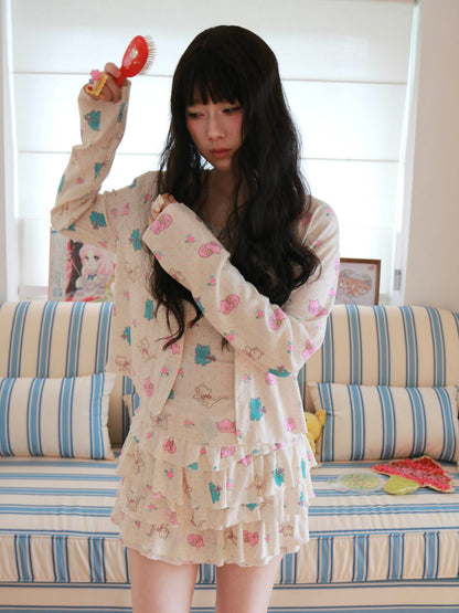 KaiXin Hostel - Cat Rose Print Cardigan Set set KaiXin hostel Cardigan