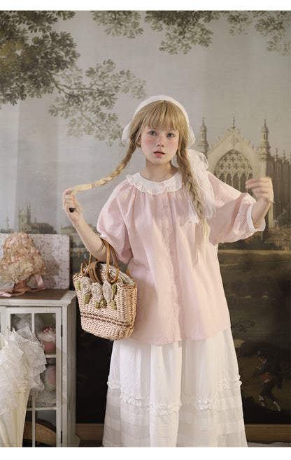 Labeau - Cottagecore Blouse Puff Sleeve Striped Design shirt Labeau Pink