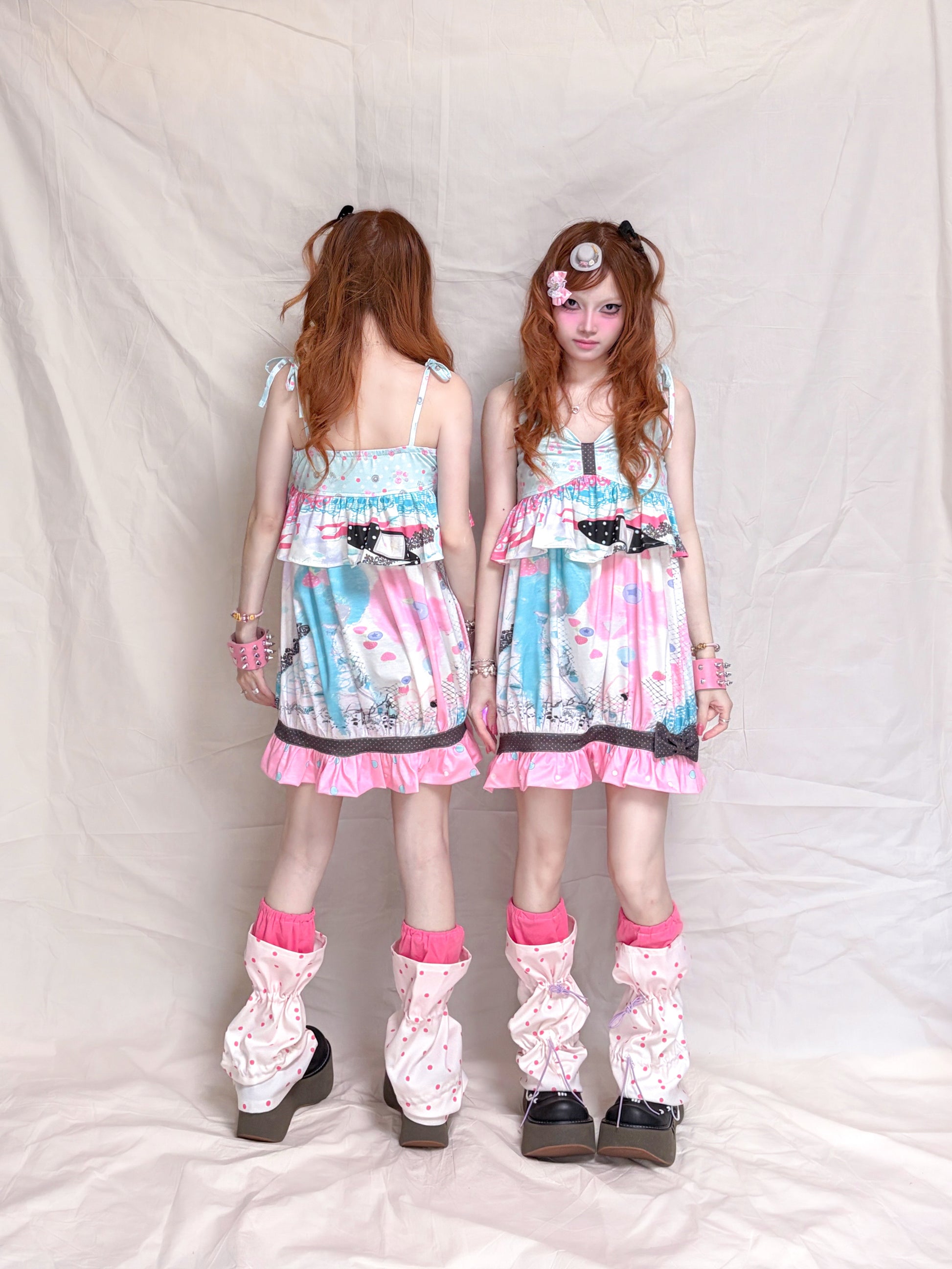 YJM with biubiu - Pink Polka Drawstring Socks leg warmmers YJM with biubiu