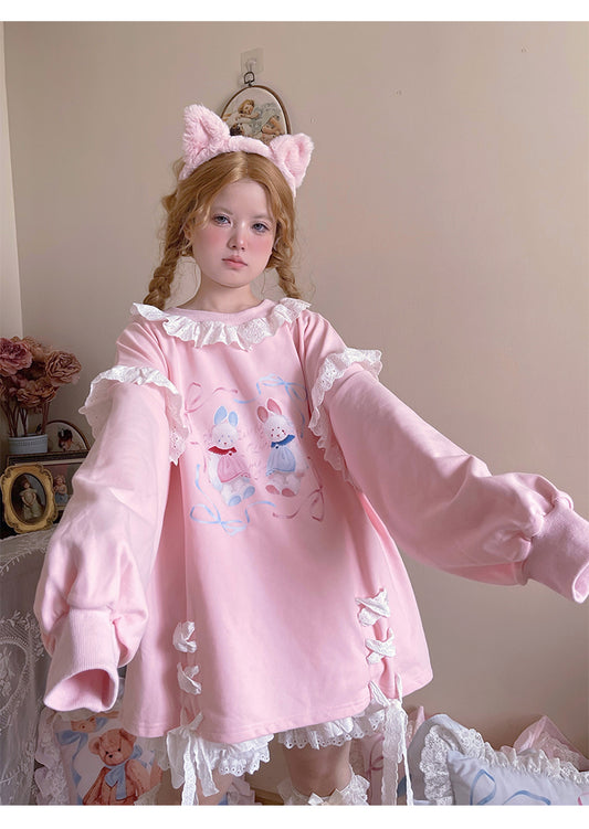 Labeau - Kawaii Ballet Bunny Lace Trim Ribbon Sweatshirt sweatshirt Labeau Pink