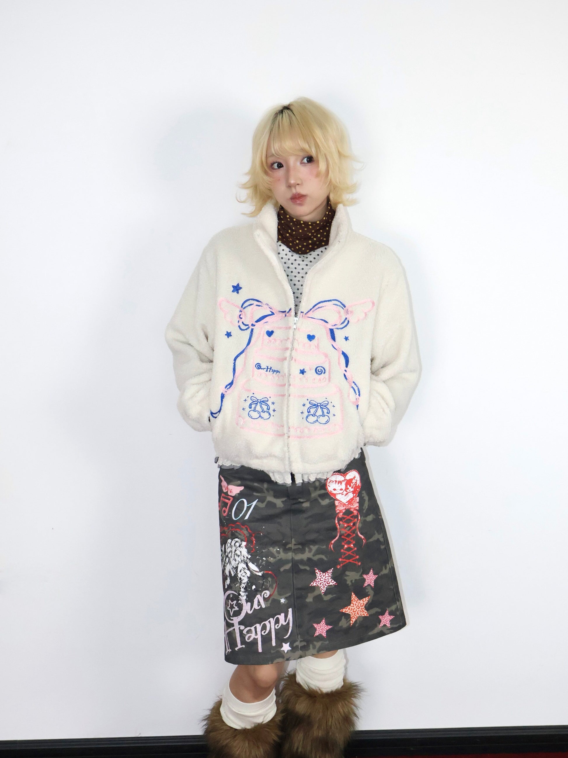 OurHappy - Cake Embroidered Fleece Jacket coat Our Happy
