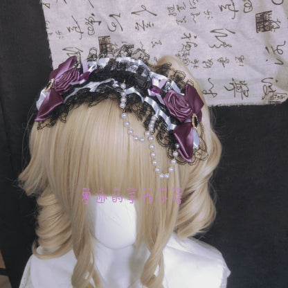 Gyaru Leopard Rose Chain Bow Hair Clip hairband moji Purple