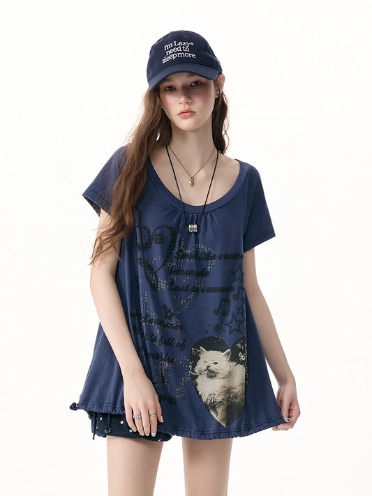 ziziFei - Blue Cat Print Drawstring Tee shirt ziziFei