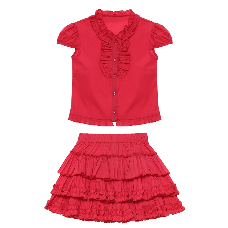 Nanjun Vintage – Red Ruffle Shirt Skirt Set set Nanjun Vintage S