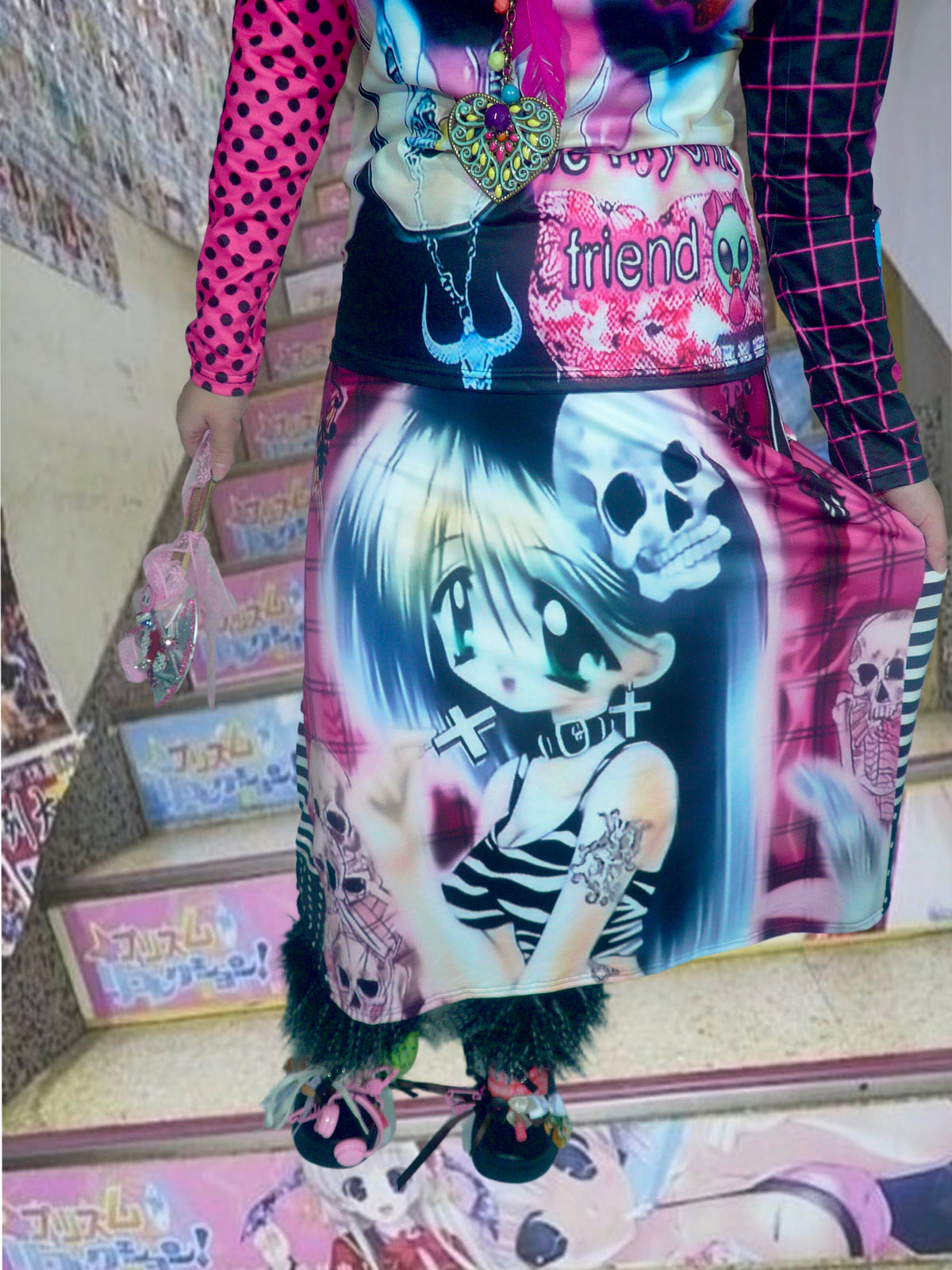 ki00bi00 - Pirate Plaid Cartoon Maxi Skirt skirt ki00bi00