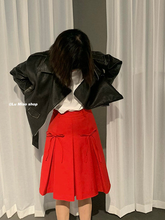 Lu Miao - Red Bow Pleated A-Line Skirt skirt Lu miao