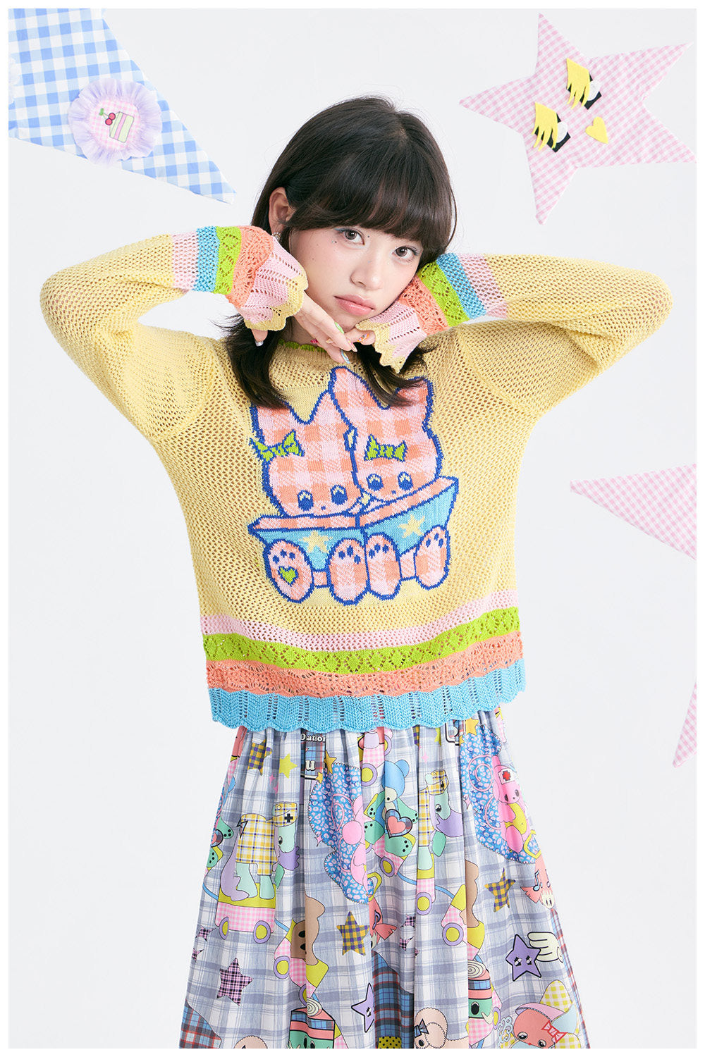 tntntutu - Yellow Bunny Jacquard Open Knit Sweater sweater tntntutu