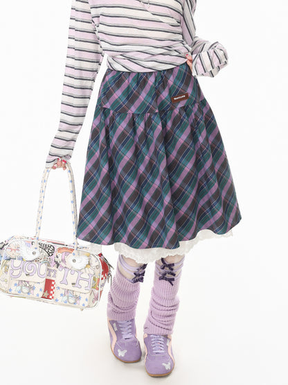 Languid Park - Lace Trim Plaid Midi Skirt