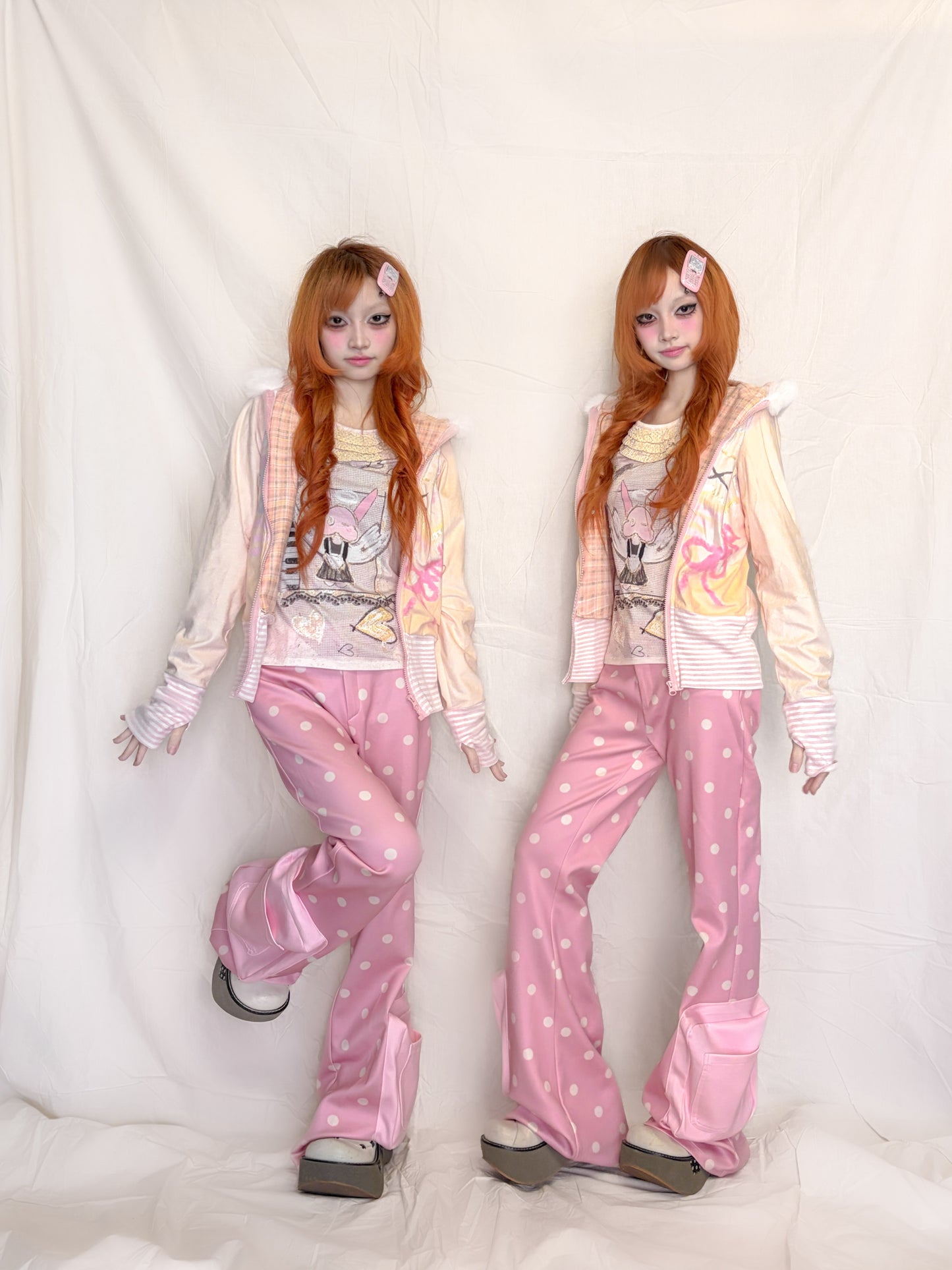 YJM with biubiu - Pink Polka Dot Flared Sweatpants pants YJM with biubiu