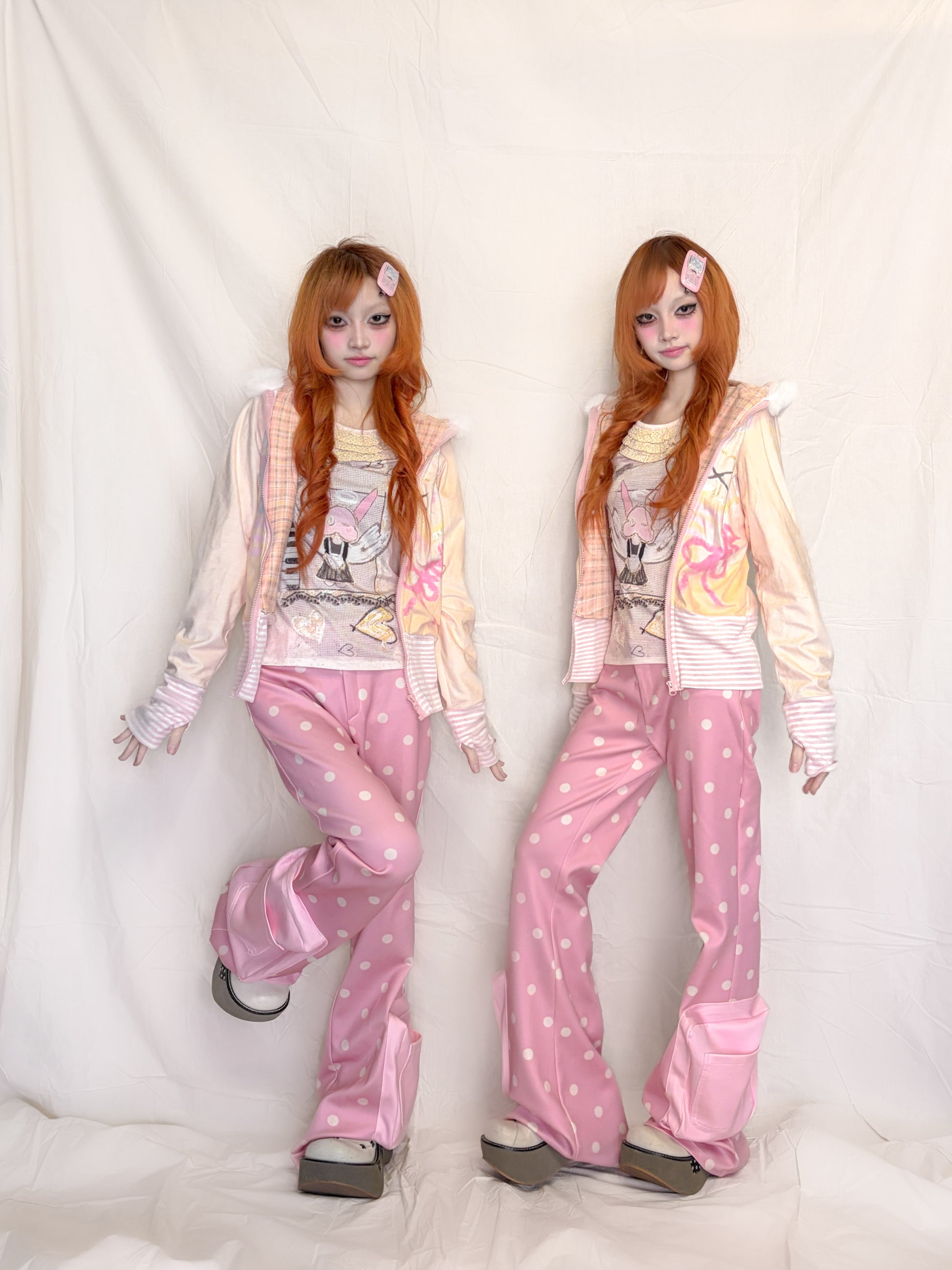 YJM with biubiu - Pink Polka Dot Flared Sweatpants pants YJM with biubiu