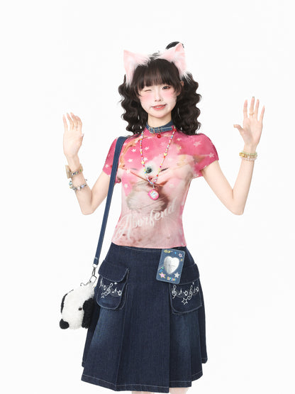 Languid Park - Cat Print Stretch Cropped T-Shirt tshirt Languid Park