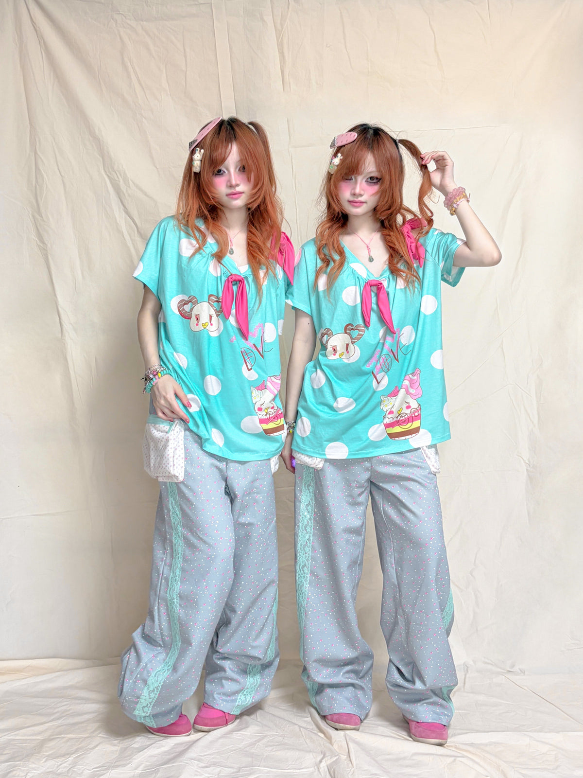 YJM with biubiu - Floral Lace Contrast Wide-Leg Pants pants YJM with biubiu