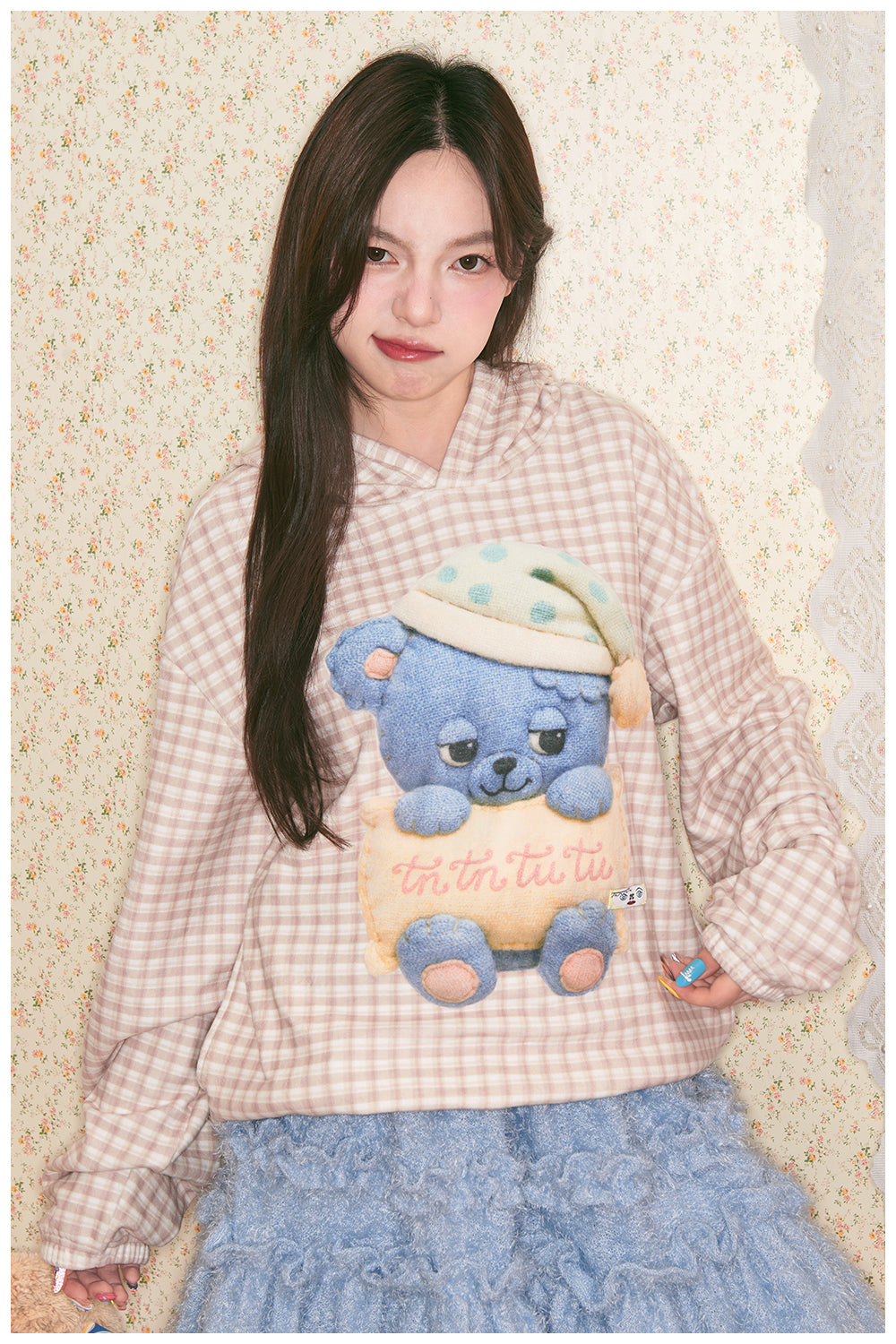 tntntutu - Kawaii Plaid Blue Bear Fleece Hoodie Loungewear hoodie tntntutu