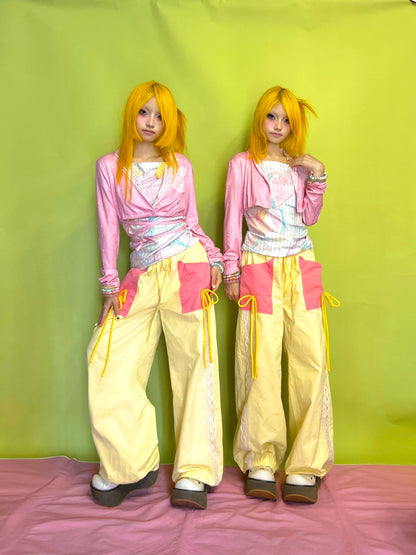 YJM with biubiu Pink Polka Dot Jacket | Striped Patchwork Tie-Up Short Jacket jacket YJM with biubiu