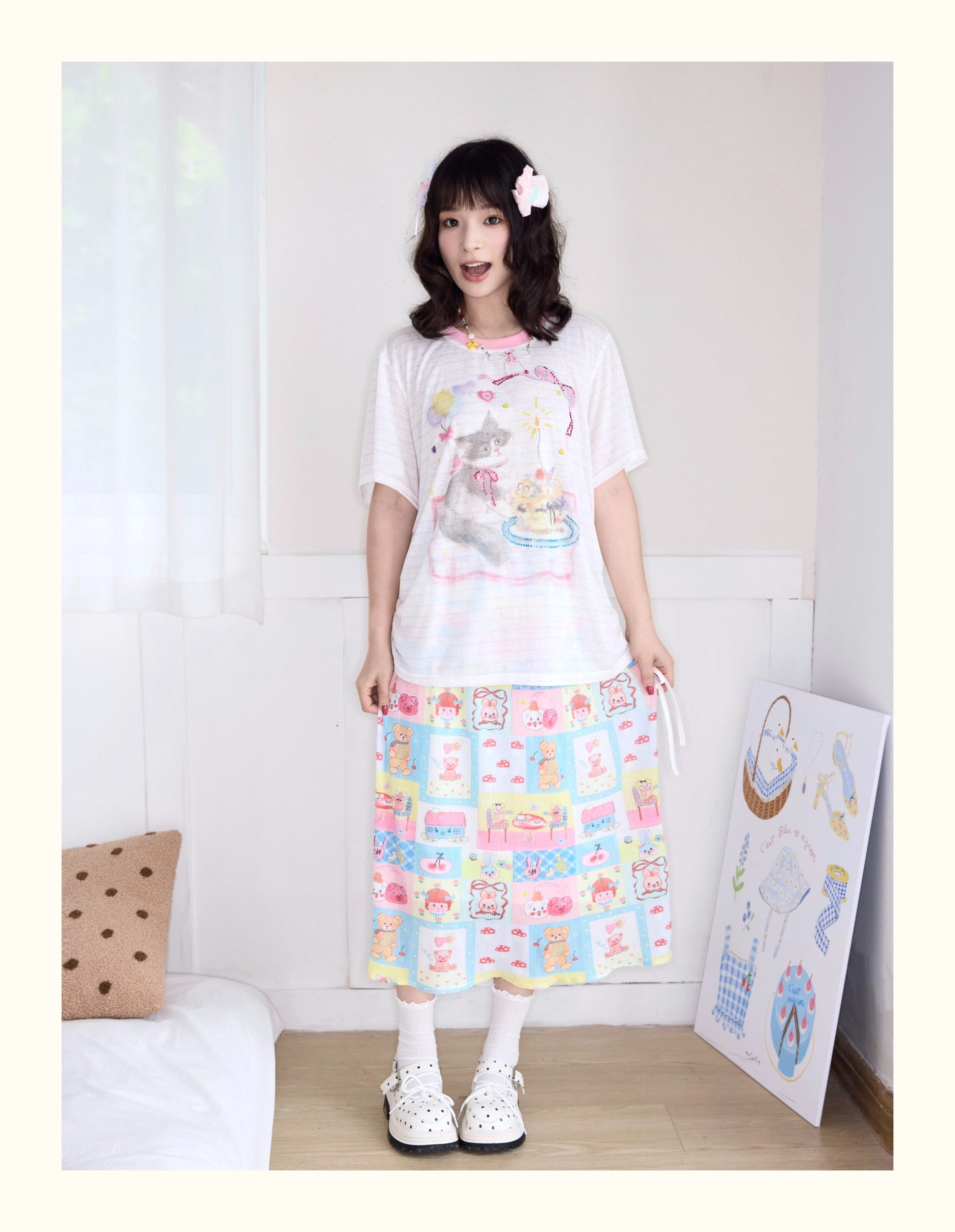Robootoo - Pastel Cartoon Pleated Midi Skirt skirt Robootoo