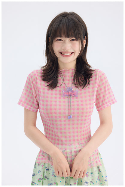 tntntutu - Pink Plaid Mesh Top | Fairy Kei Kawaii Harajuku Layering Shirt tshirt tntntutu