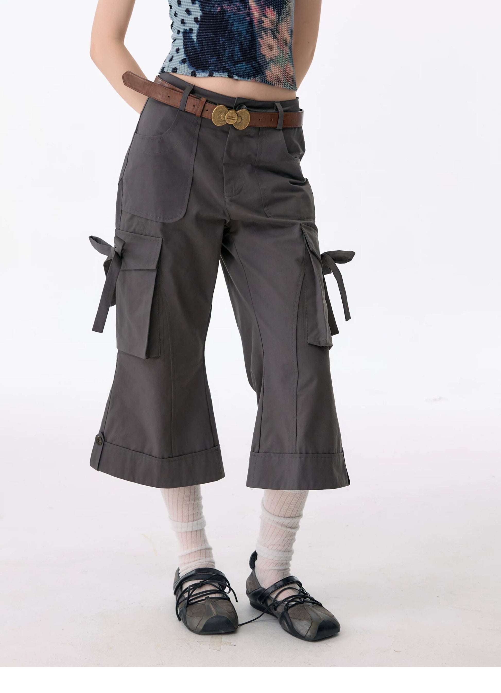 ziziFei - Charcoal Bow Cargo Cropped Pants shorts ziziFei