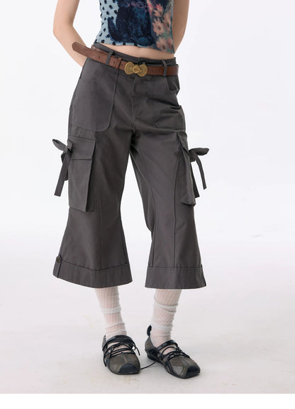 ziziFei - Charcoal Bow Cargo Cropped Pants shorts ziziFei