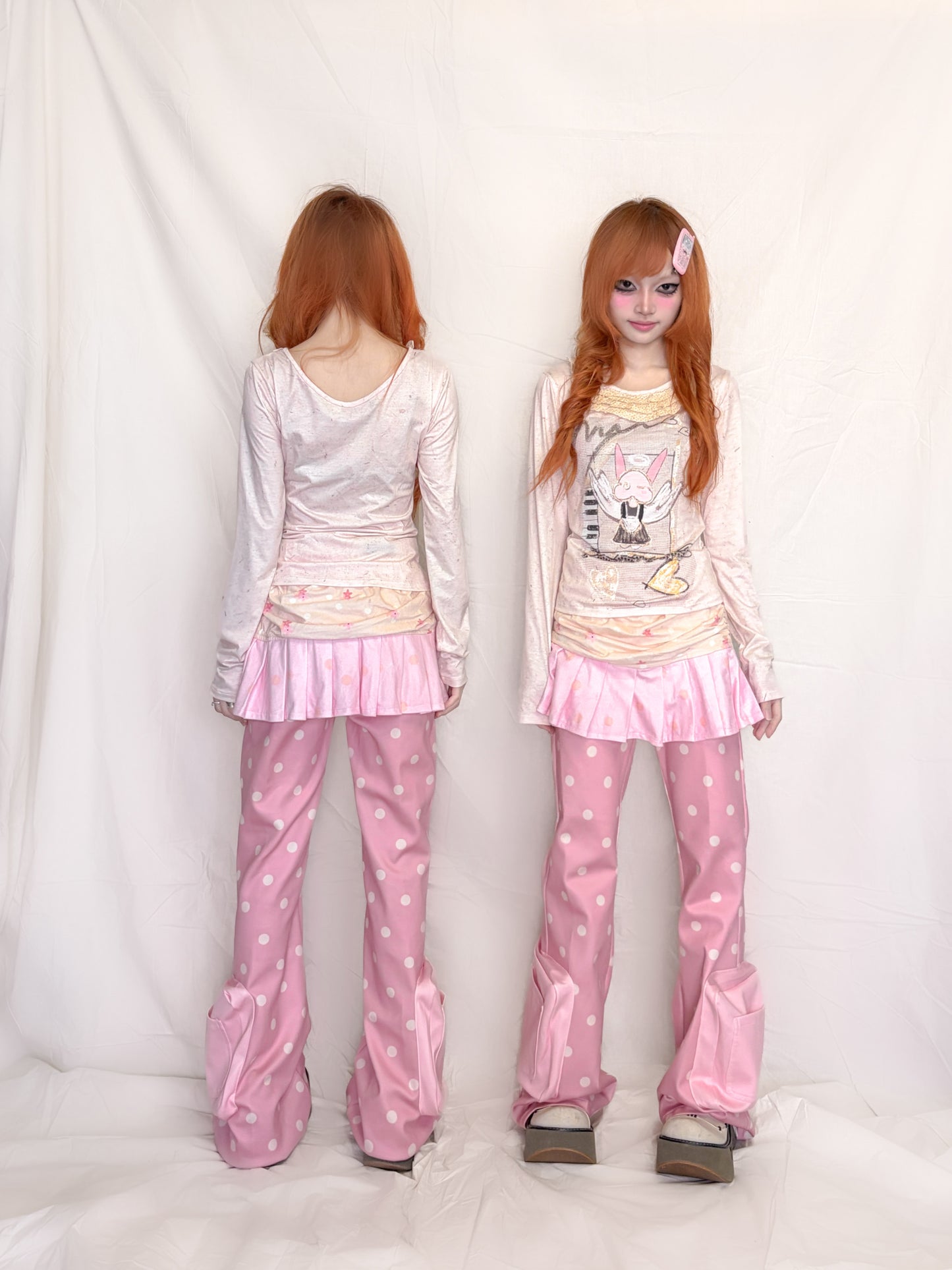 YJM with biubiu - Pink Polka Dot Flared Sweatpants pants YJM with biubiu