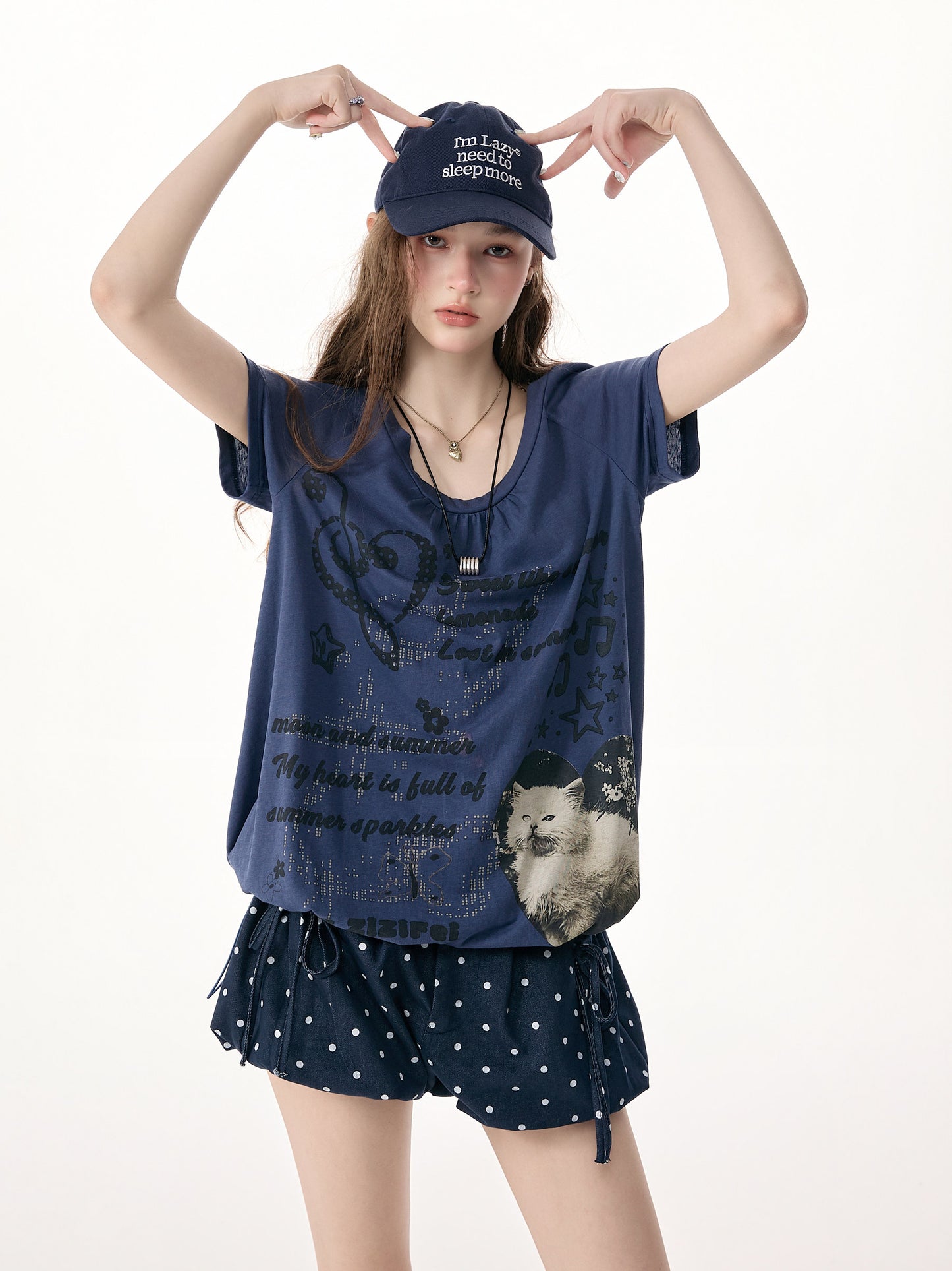 ziziFei - Blue Cat Print Drawstring Tee shirt ziziFei