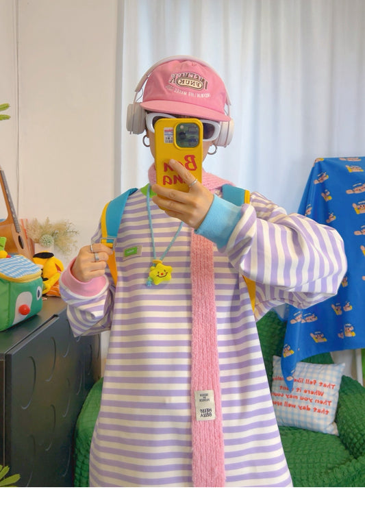 KURIOSITAET - Decora Kei Purple Striped Long Sleeve Tee shirt KURIOSITAET