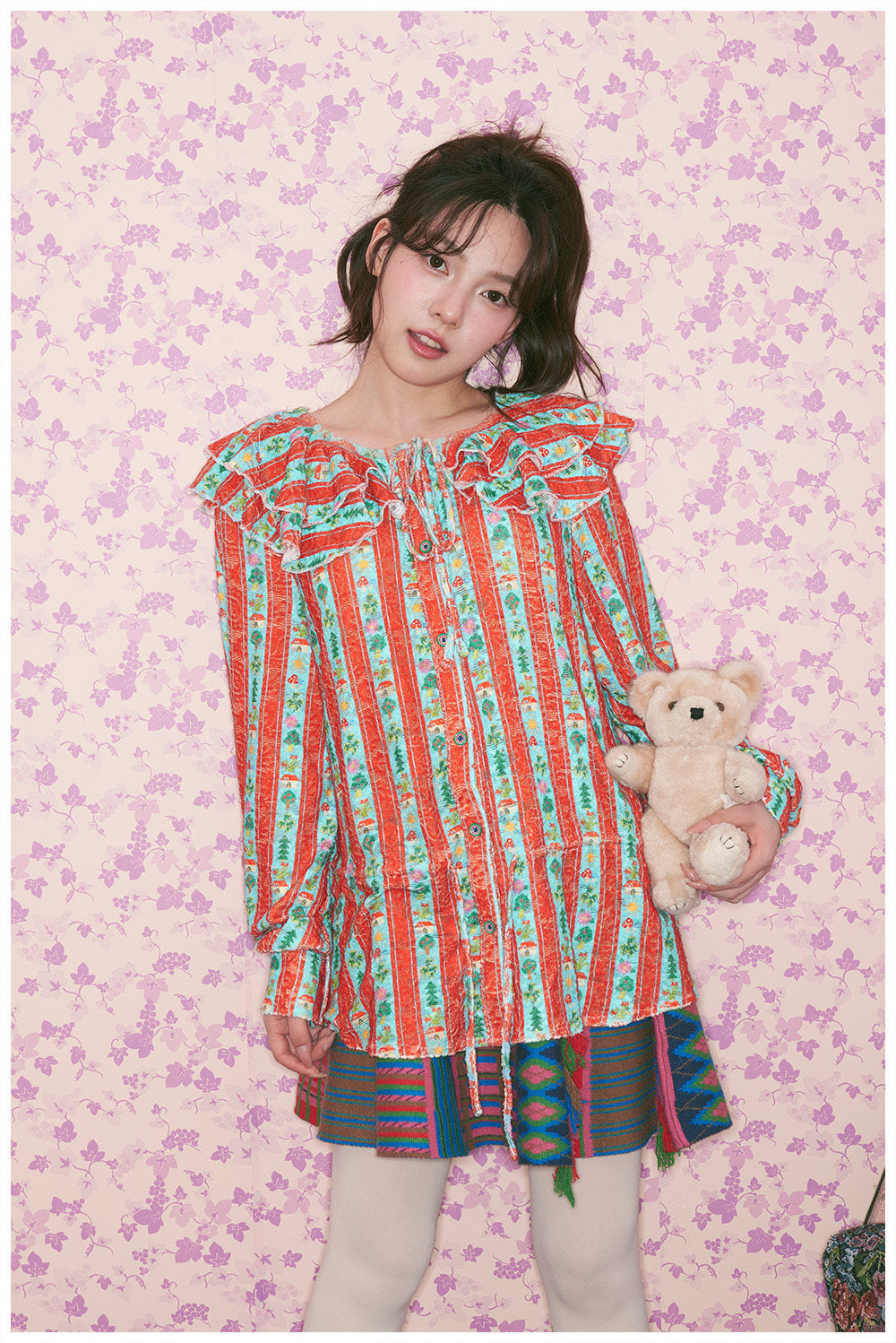tntntutu - Kidcore Red Green Stripe Lace Shirt blouse tntntutu