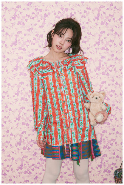tntntutu - Kidcore Red Green Stripe Lace Shirt blouse tntntutu