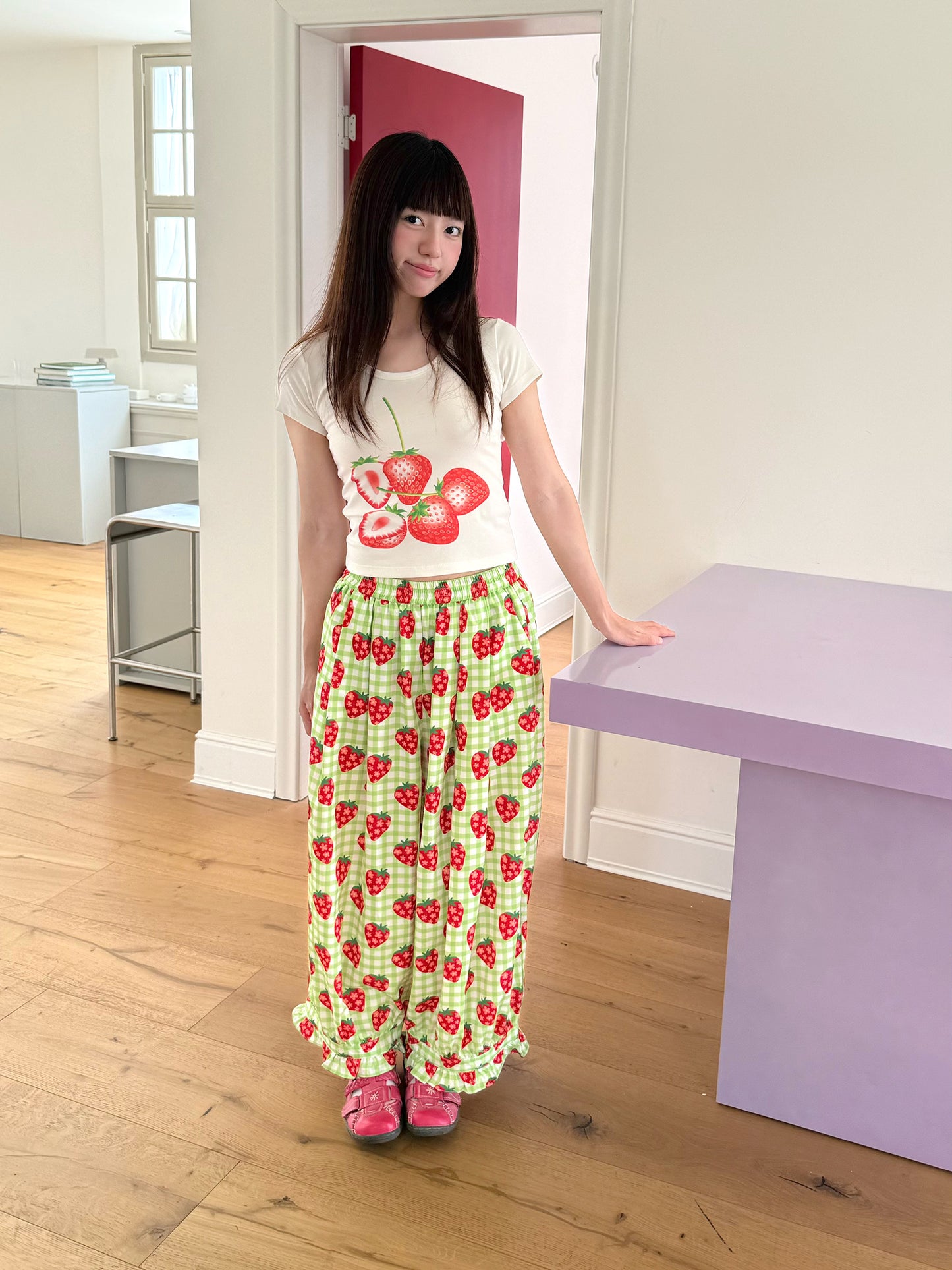 FRUITS - Strawberry Plaid Wide Leg Pants | Kawaii Japanese Streetwear Trousers pants Fruits