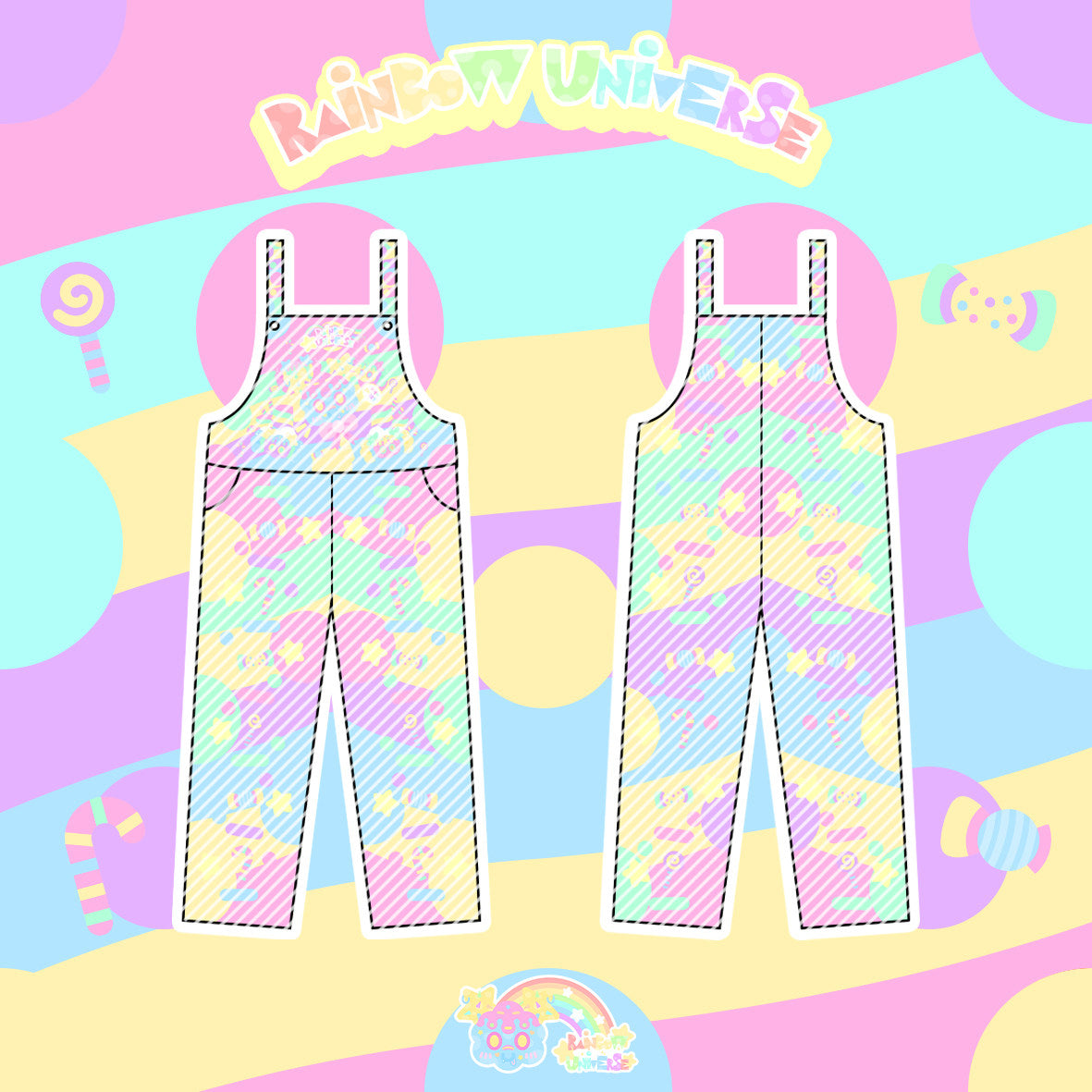 Rainbow Universe RUX - Pastel Macaron Decora Kei Varsity Jacket & Overalls Set set Rainbow Universe RUX Overall S