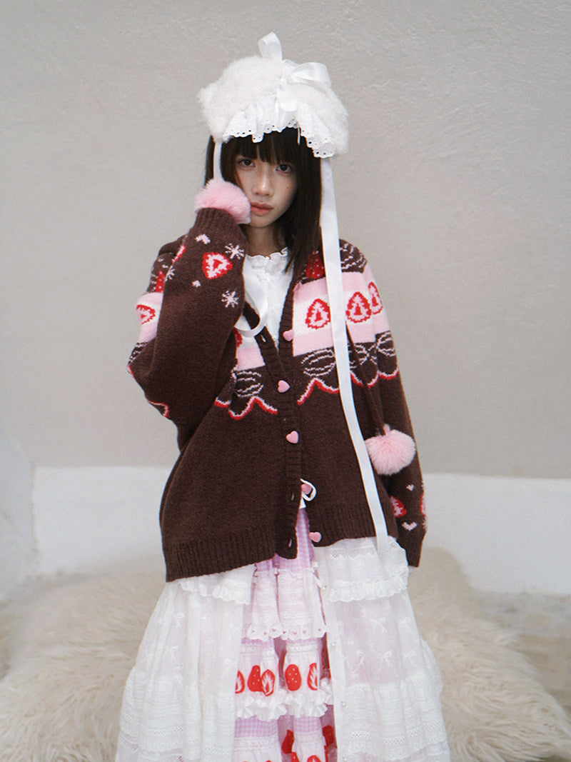 Daytoday Everyday Institute - Chocolate Strawberry Cake Fair Isle Cardigan coat daytoday everyday institute