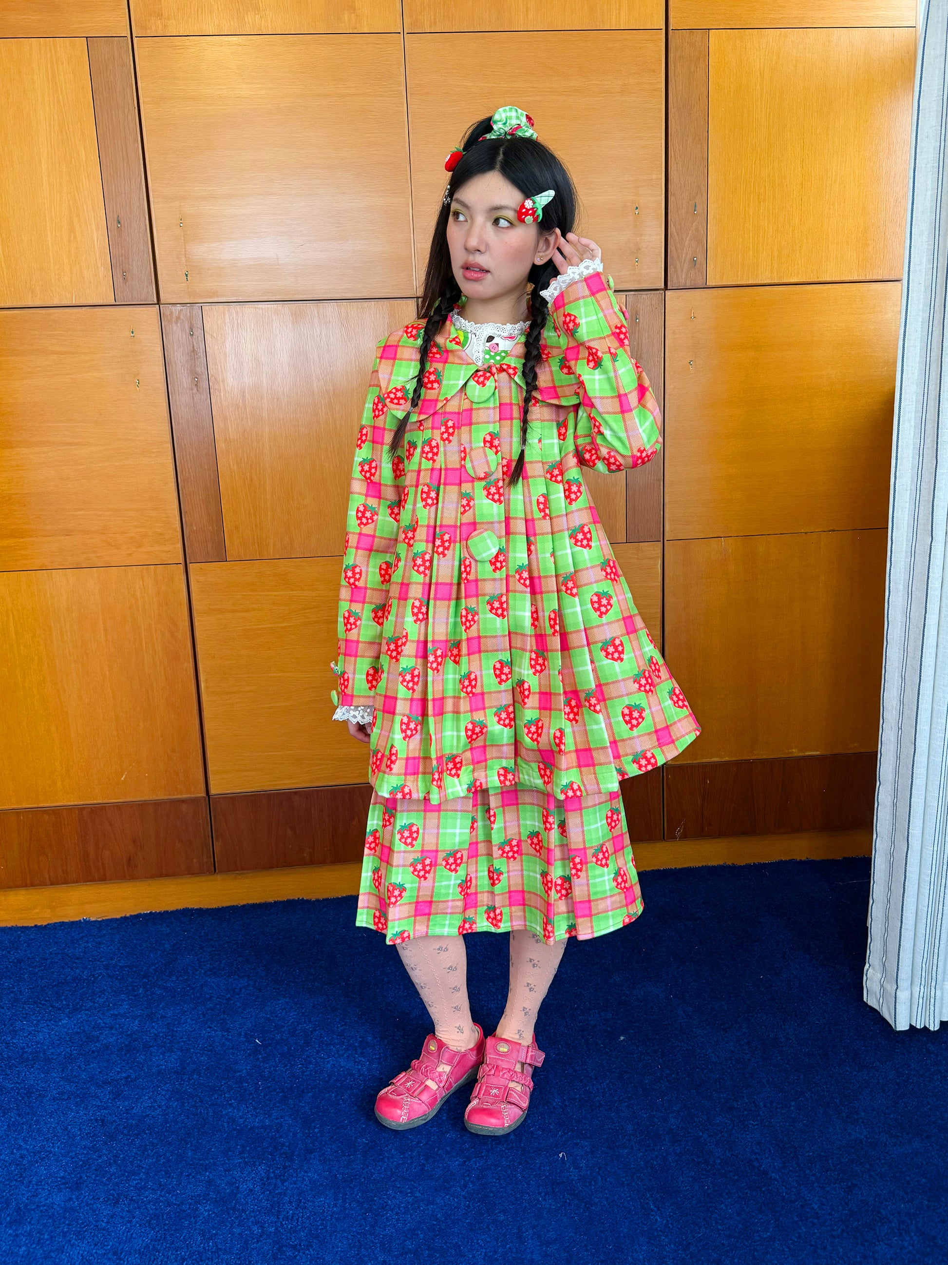 FRUITS - Kawaii Strawberry Plaid Pleated Coat jacket Fruits