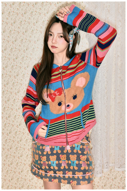 tntntutu - Colorful Striped Teddy Knit Hoodie Cardigan cardigan tntntutu