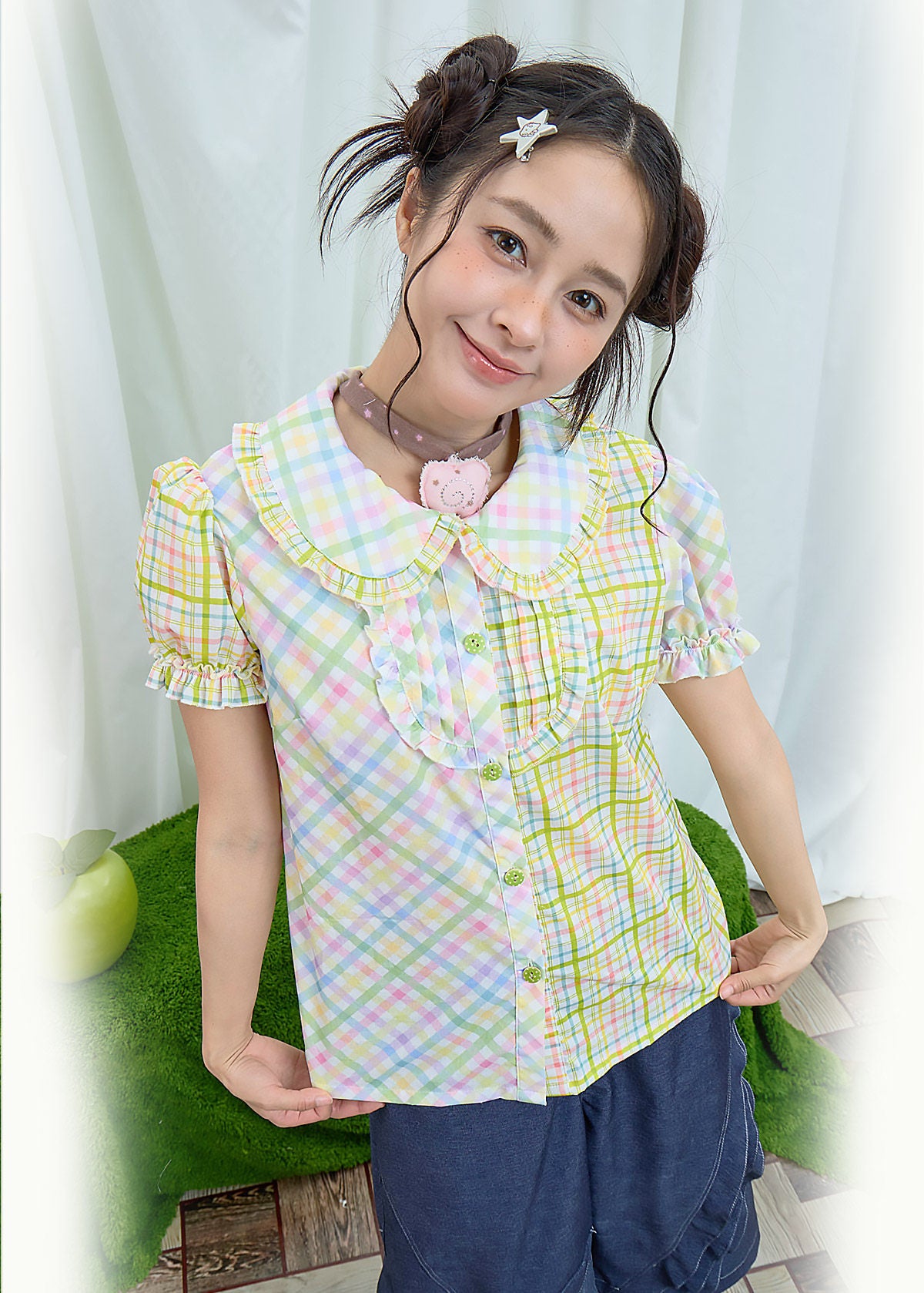 Moon Meadow - Plaid Puff Sleeve Shirt shirt Moon Meadow