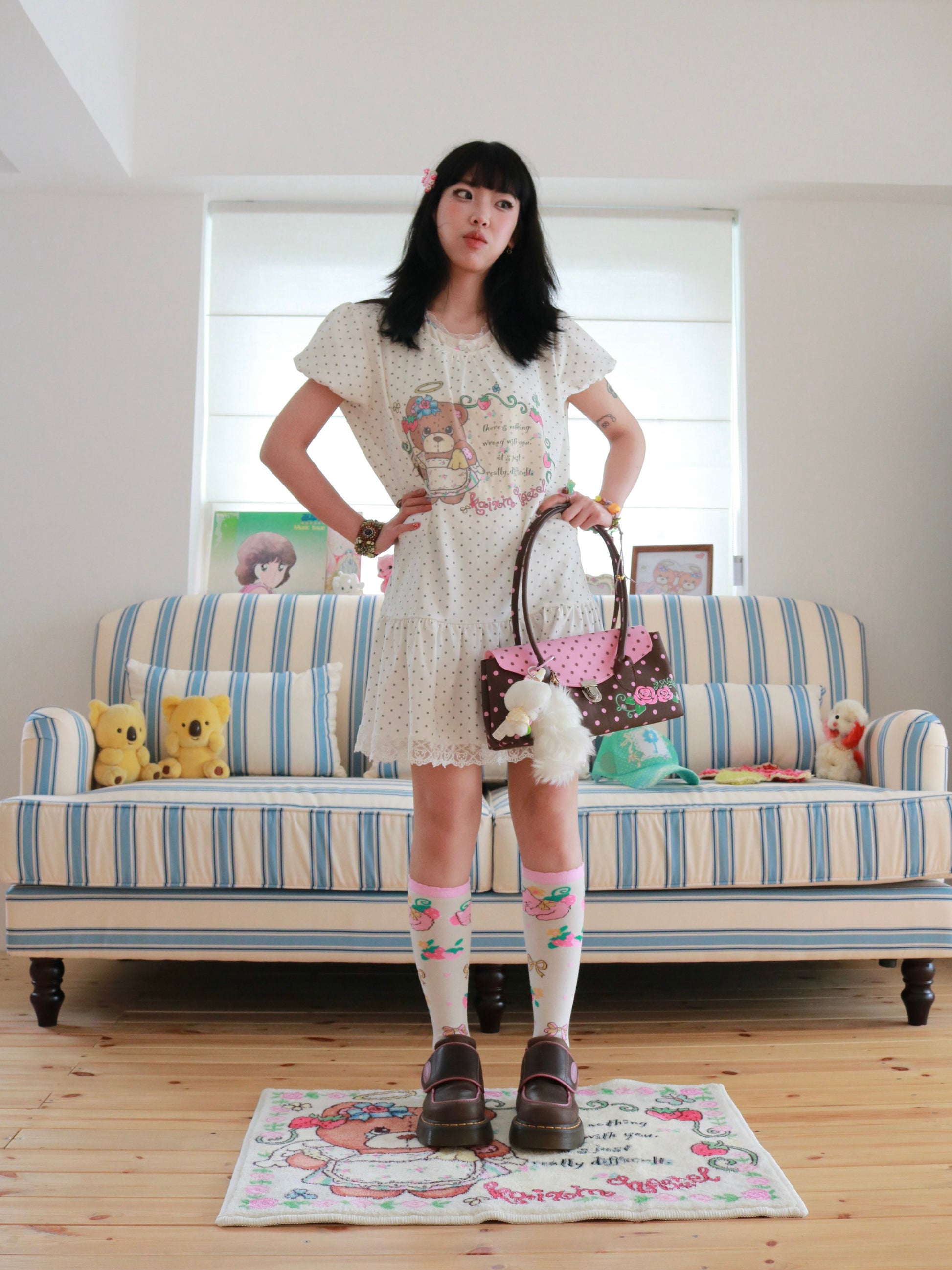 KaiXin Hostel - Bear Strawberry Lace T-Shirt Dress dress KaiXin hostel White M