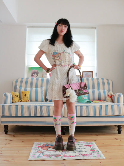 KaiXin Hostel - Bear Strawberry Lace T-Shirt Dress dress KaiXin hostel White M