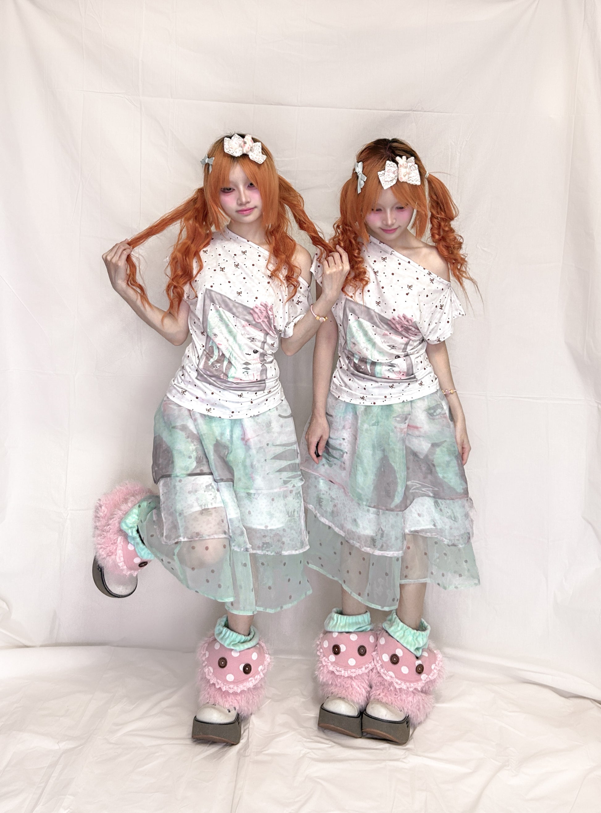 YJM with biubiu - Mint White Polka Dot Fitted Short Sleeve Top shirt YJM with biubiu