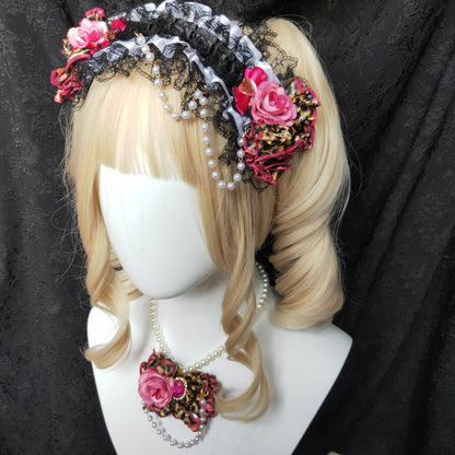 Gyaru Leopard Rose Chain Bow Hair Clip hairband moji
