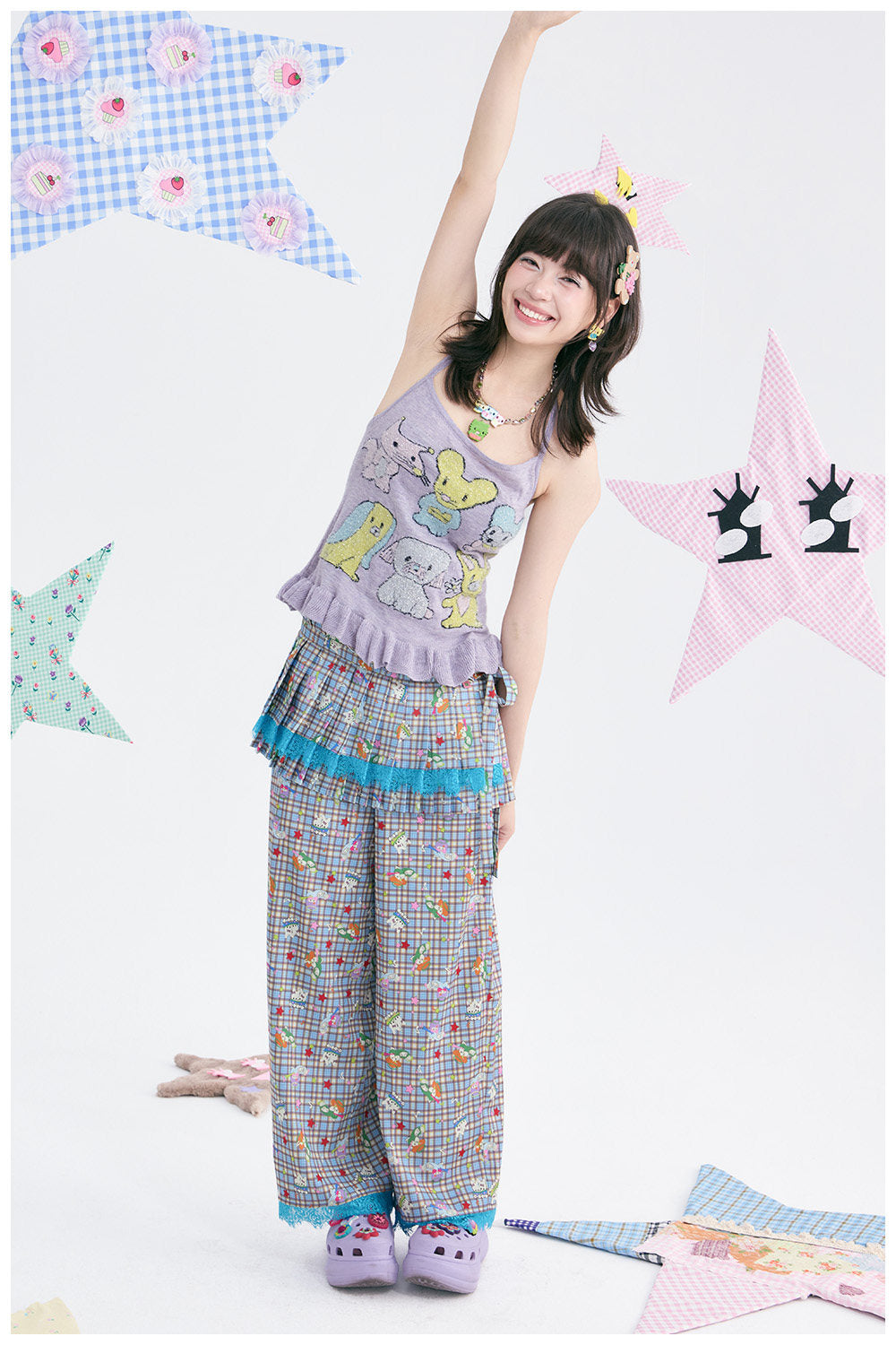 tntntutu - Plaid Angel Print Low Rise Layered Pants pants tntntutu