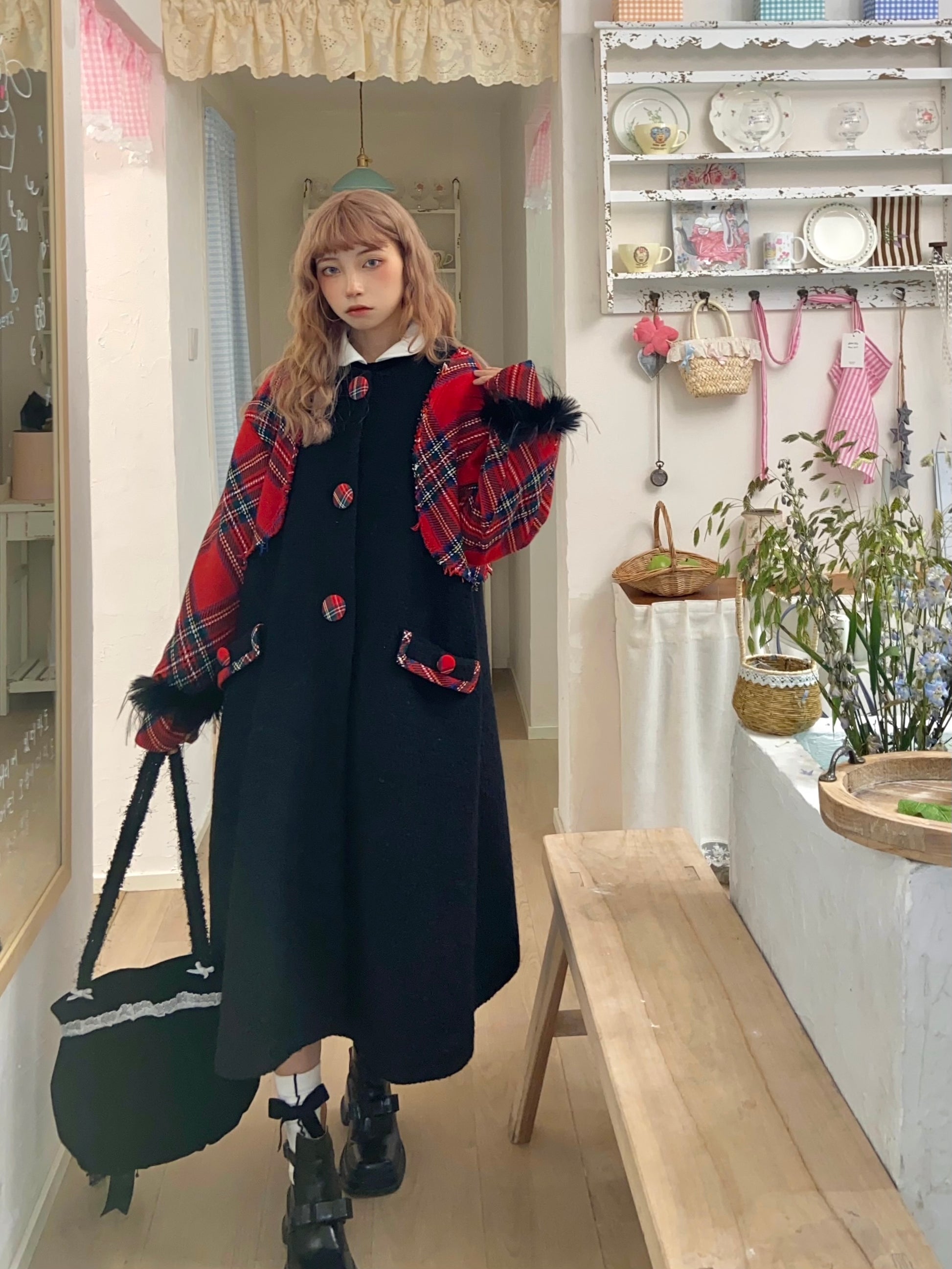 Disorder - Kawaii Black Plaid Wool Blend Mid Coat coat Disorder