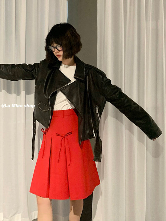 Lu Miao - Red Bow Pleated A-Line Skirt skirt Lu miao