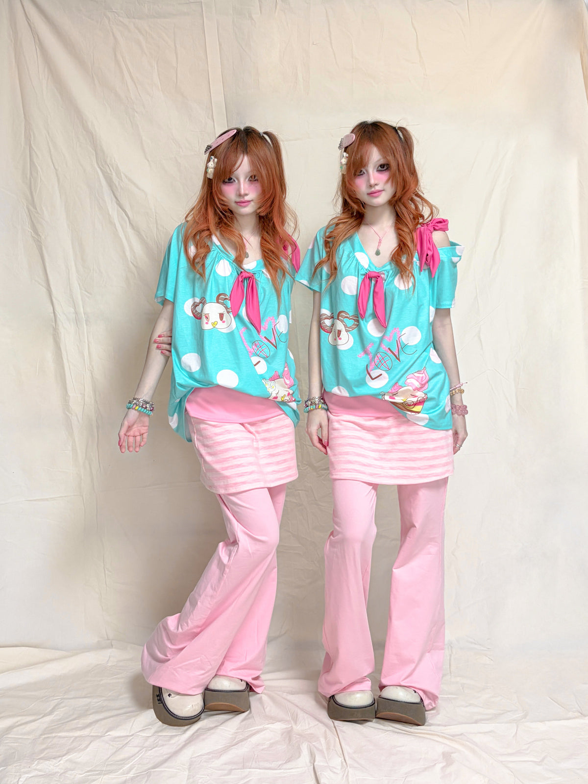 YJM with biubiu - Pink Stripe Foldover Skirt Pants pants YJM with biubiu