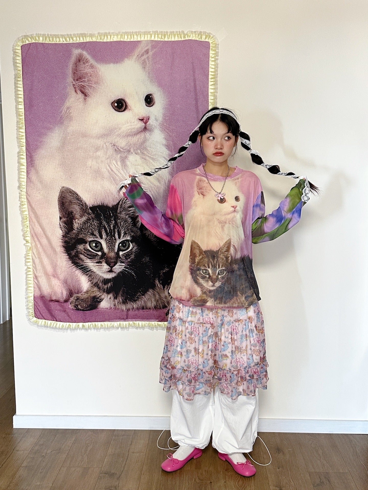 Kawaii Vintage Shirt – Cat Print Long Sleeve shirt bunnybunnygun
