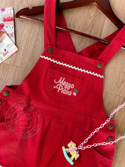 Bunny Planet - Jojifuku Cherry Red Embroidered Pinafore Dress dress bunnyplanet