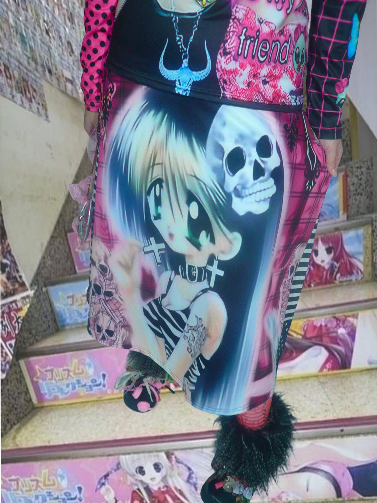 ki00bi00 - Pirate Plaid Cartoon Maxi Skirt skirt ki00bi00