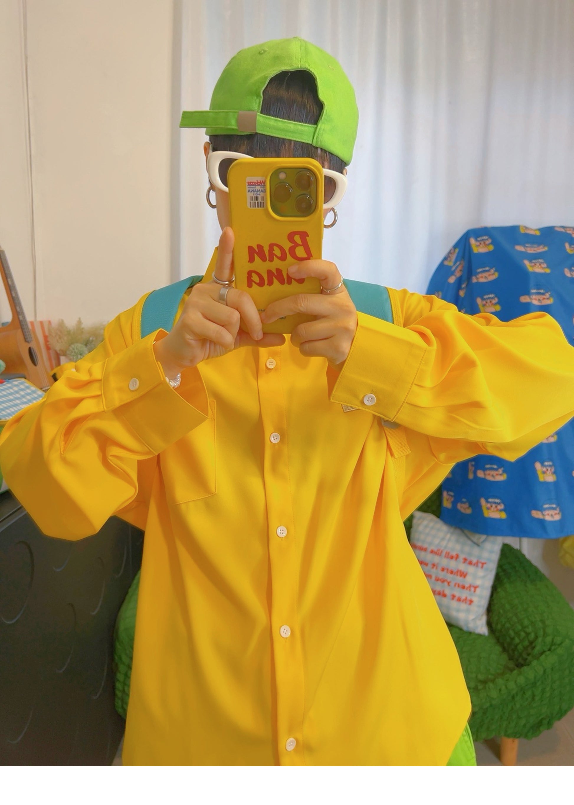 KURIOSITAET - Y2K Dopamine Yellow Shirt Loose Casual Long Sleeve Unisex shirt KURIOSITAET